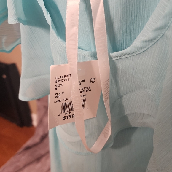 David's Bridal Long Flutter Sleeve Spa Blue Dress Size 8 NWT - Picture 7 of 9
